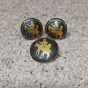 Vtg 1950'S Don Quixote Damascene Clip Earrings & Brooch Set Toledo Spain